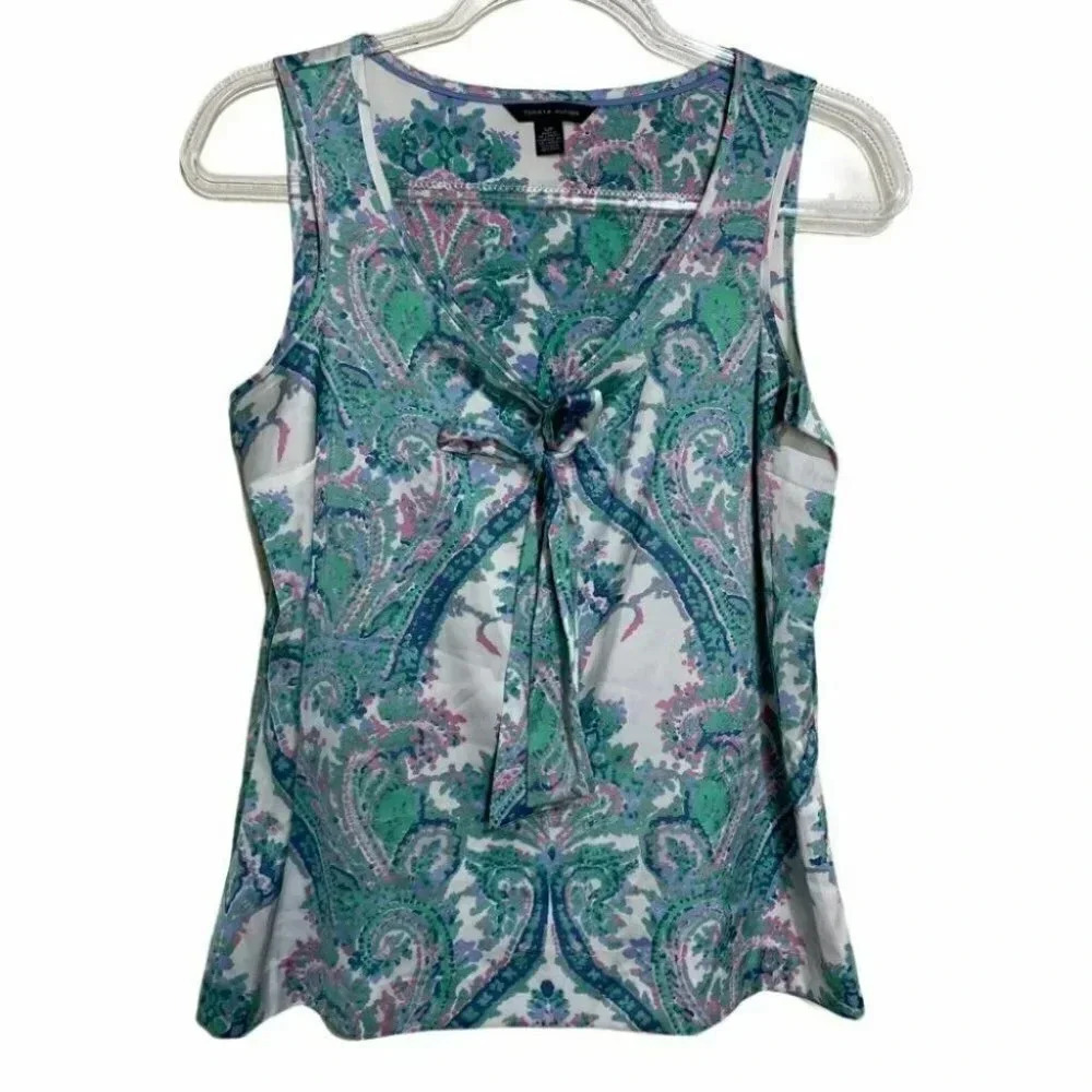 Tommy Hilfiger Sleeveless Paisley Tie Neck Blouse Women S P Green Pink Blue